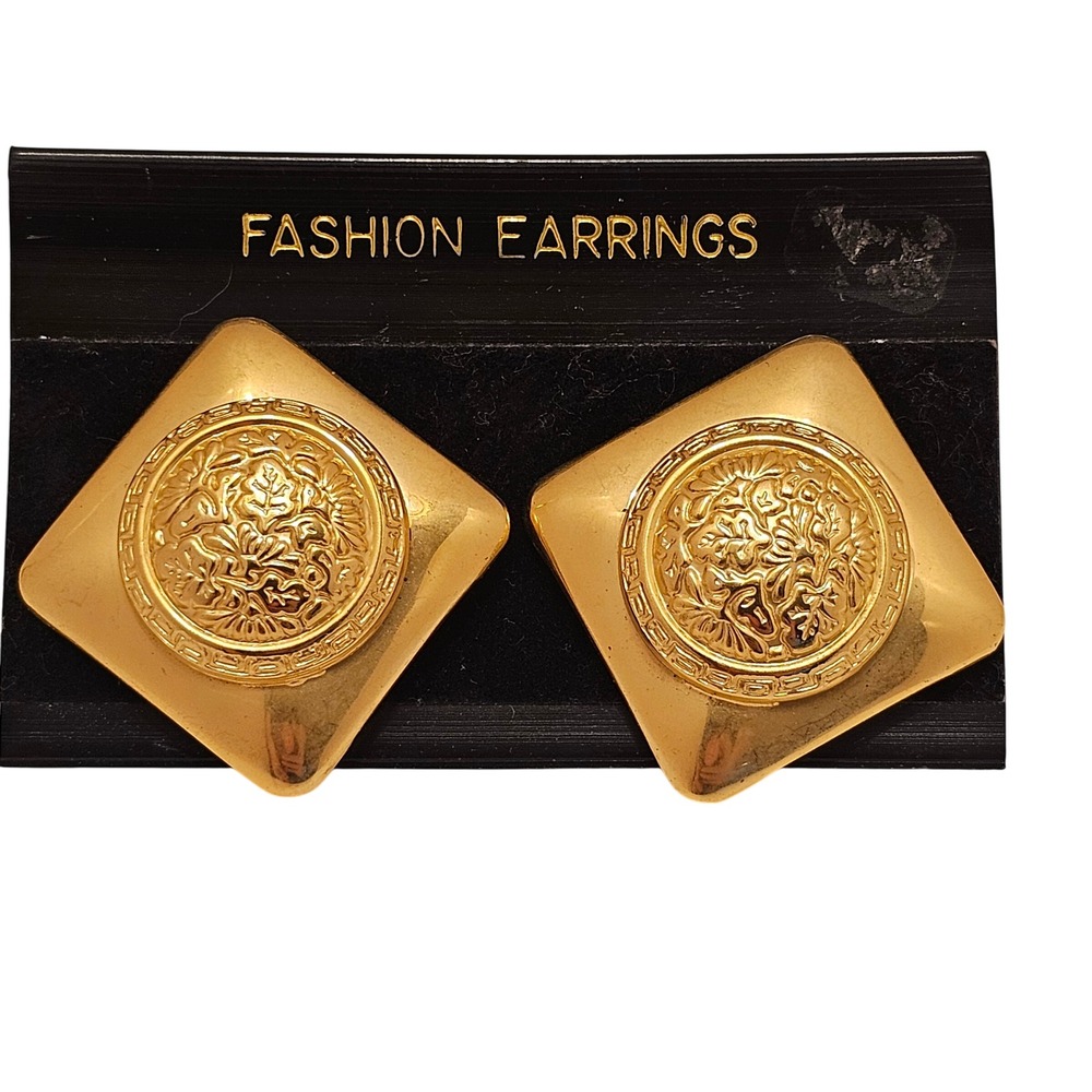 Vintage Gold Tone Square Clip On Earrings Floral Crest Greek Key Medallion
